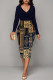 Navy Blue Casual Geometric Print Contrast V Neck Printed Dresses