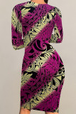 Grey Elegant Floral Print Butterfly Stripe Contrast O Neck Printed Dresses