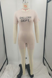 Color Blue Casual Letter Print Zipper O Neck Skinny Rompers