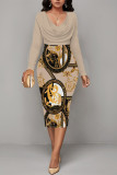 Navy Blue Casual Geometric Print Contrast V Neck Printed Dresses