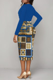 Navy Blue Casual Geometric Print Contrast V Neck Printed Dresses