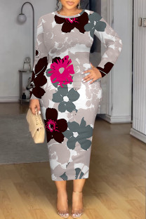 Brownness Elegant Floral Print Tie Dye Contrast O Neck Printed Dresses