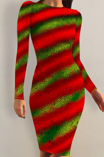 Red Green Elegant Floral Print Butterfly Stripe Contrast O Neck Printed Dresses