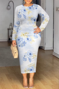 White Blue Casual Floral Print Contrast O Neck Printed Dresses