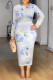 White Blue Casual Floral Print Contrast O Neck Printed Dresses