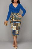 Navy Blue Casual Geometric Print Contrast V Neck Printed Dresses