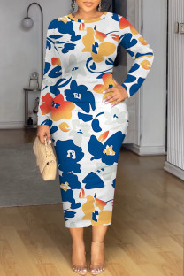 White Blue Elegant Floral Print Tie Dye Contrast O Neck Printed Dresses