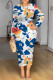 White Blue Elegant Floral Print Tie Dye Contrast O Neck Printed Dresses