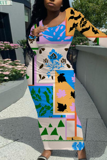 Apricot Casual Geometric Print Contrast O Neck One Step Skirt Dresses