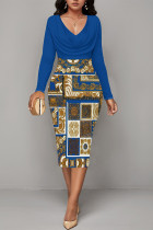 Blue Casual Geometric Print Contrast V Neck Printed Dresses
