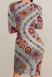 Grey Elegant Floral Print Butterfly Stripe Contrast O Neck Printed Dresses