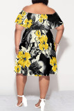 Pink Sexy Floral Print Flounce Off Shoulder Printed Plus Size Dresses