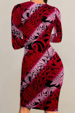 Grey Elegant Floral Print Butterfly Stripe Contrast O Neck Printed Dresses