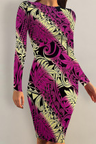 Rose Purple Elegant Floral Print Butterfly Stripe Contrast O Neck Printed Dresses