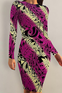 Rose Purple Elegant Floral Print Butterfly Stripe Contrast O Neck Printed Dresses