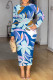 Blue Elegant Floral Print Tie Dye Contrast O Neck Printed Dresses