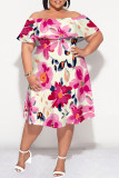 Pink Sexy Floral Print Flounce Off Shoulder Printed Plus Size Dresses