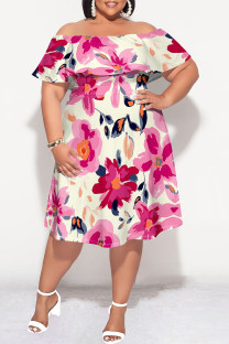 Pink Sexy Floral Print Flounce Off Shoulder Printed Plus Size Dresses