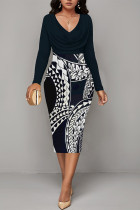 Tibetan Blue Casual Geometric Print Contrast V Neck Printed Dresses