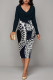 Tibetan Blue Casual Geometric Print Contrast V Neck Printed Dresses