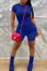 Blue Casual Letter Print Zipper O Neck Skinny Rompers