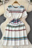 White Sexy Stripe Patchwork O Neck Wrapped Skirt Dresses