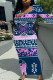 Dark Blue Casual Geometric Print Contrast O Neck One Step Skirt Dresses