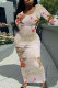 Apricot Elegant Floral Print Contrast O Neck One Step Skirt Dresses