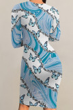 Grey Elegant Floral Print Butterfly Stripe Contrast O Neck Printed Dresses