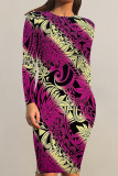 Grey Elegant Floral Print Butterfly Stripe Contrast O Neck Printed Dresses