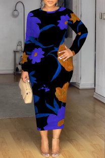 Blue Black Elegant Floral Print Tie Dye Contrast O Neck Printed Dresses