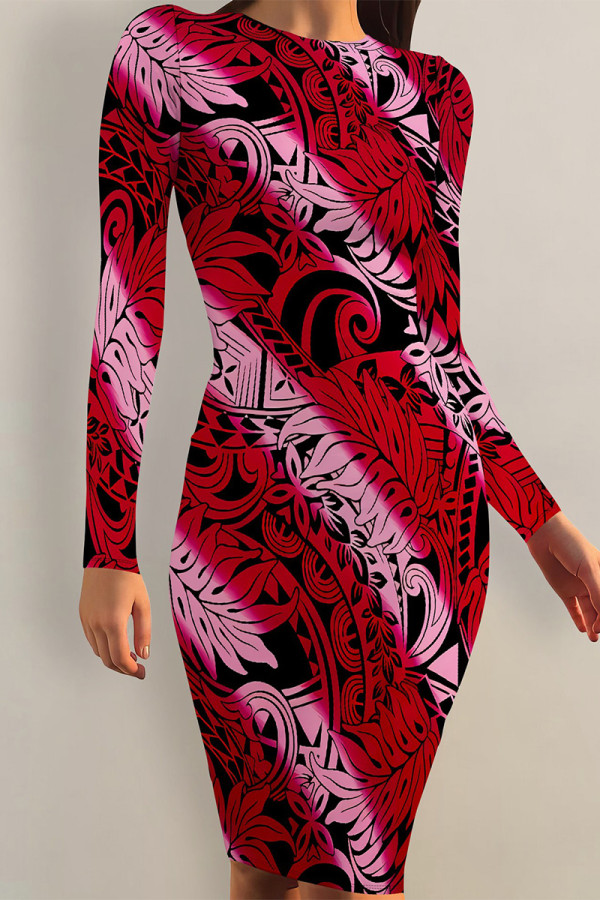 Red Pink Elegant Floral Print Butterfly Stripe Contrast O Neck Printed Dresses