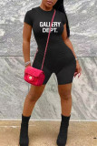 Black Casual Letter Print Zipper O Neck Skinny Rompers