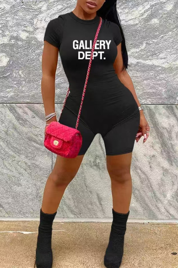 Black Casual Letter Print Zipper O Neck Skinny Rompers