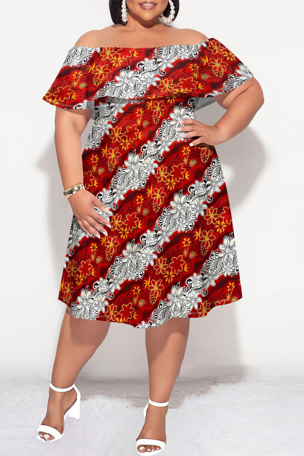 Tangerine Red Sexy Floral Print Flounce Off Shoulder Printed Plus Size Dresses
