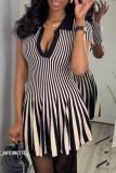 Pink Casual Stripe Patchwork V Neck Printed Dresses