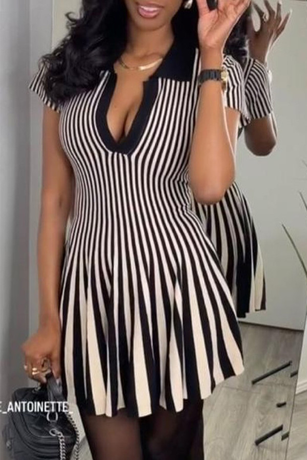 Black Casual Stripe Patchwork V Neck Printed Dresses