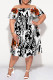 Black And White Sexy Floral Print Flounce Off Shoulder Printed Plus Size Dresses