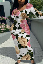 White Elegant Floral Print Contrast O Neck One Step Skirt Dresses