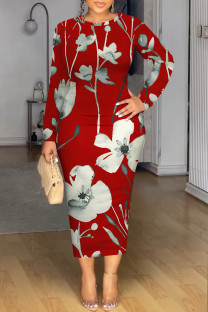 Deep Red Casual Floral Print Contrast O Neck Printed Dresses