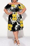 Pink Sexy Floral Print Flounce Off Shoulder Printed Plus Size Dresses