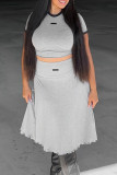 Grey Casual Patchwork O Neck Short Sleeve Two Pieces