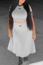 Grey Casual Patchwork O Neck Short Sleeve Two Pieces