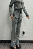 Blue Casual Solid Color Patchwork Zipper Regular Denim Jeans