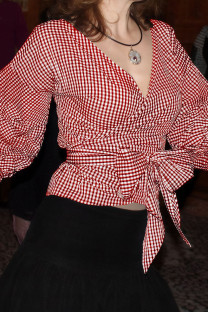 Red Casual Plaid Patchwork Strap Design Deep V Neck Tops