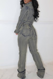 Blue Casual Solid Color Patchwork Zipper Regular Denim Jeans