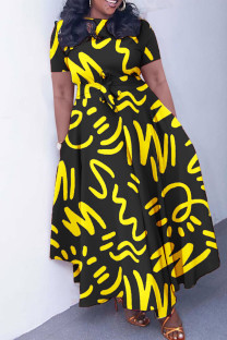 Black Yellow Casual Print Pocket Strap Design O Neck Long Dresses