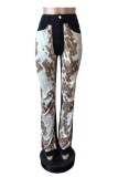 Camel Casual Print Patchwork Mid Waist Regular Denim Jeans