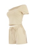 Khaki Casual Solid Color Basic Square Neck Short Sleeve Two Pieces