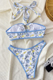 White Blue Sexy Print Backless Swimwears